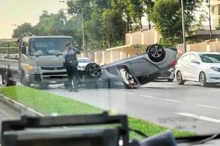 2 taken to hospital after car turns turtle in Jalan Bahar