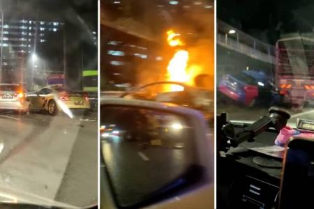 Car catches fire in PIE accident on CNY eve, five taken to hospital