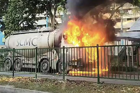 Cement mixer truck catches fire in Boon Lay