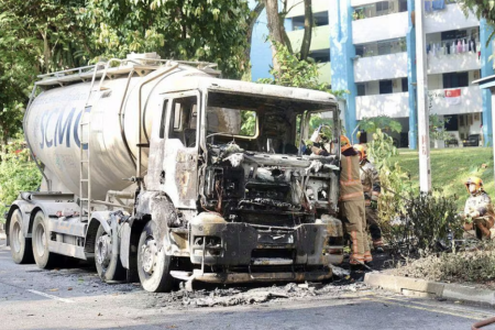 Cement mixer truck catches fire in Boon Lay