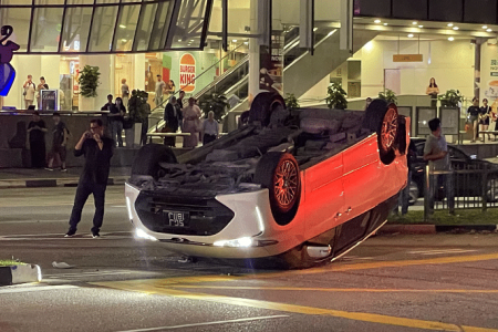 Car overturns outside Clarke Quay Central; man arrested