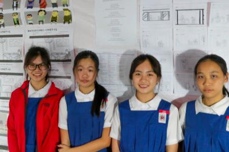 Layering was a constant theme during the N.E.mation! 11 journey for Finding Sanity, a team comprising of CHIJ St Nicholas Girls' School students (from left to right) Amelia Tan, Christelle Tan, Lim Wan Yi and Michelle Li.