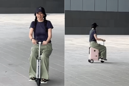 Vivian Hsu borrows actress Yvonne Lim’s kid’s scooter for a ride