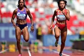 Shanti Pereira (left) is beaten by Spain&#039;s Jael Bestue to third in their 100m heats at the World Athletics Championships.