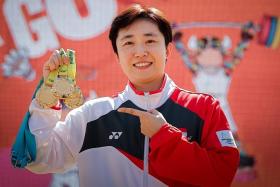 Singapore table tennis player Feng Tianwei with her medals at the Birmingham Commonwealth Games in 2022.