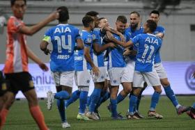 Maxime Lestienne (centre) of the Lion City Sailors celebrates with teammates after scoring against Hougang United on April 10, 2023.