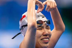 Yip Pin Xiu reacts after winning the S2 100m backstroke final during the 2024 Paris Pon Aug 29.