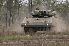 A Singapore Army Hunter armoured fighting vehicle in the Shoalwater Bay Training Area during Exercise Wallaby 2024.