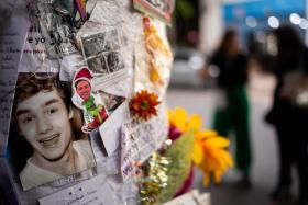 Tributes to late One Direction star Liam Payne are seen outside the hotel where he died in October 2024, in Buenos Aires.