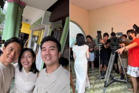 (From left) Qi Yuwu on the set of his first short film as director with the film&#039;s actress Sharon Au and producer Michael Lee.