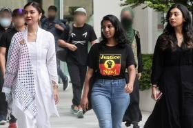 (From left) Siti Amirah Mohamed Asrori, Annamalai Kokila Parvathi and Mossammad Sobikun Nahar were charged over their alleged involvement in organising a procession without a permit on Feb 2, 2024, along the perimeter of the Istana.