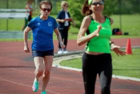 Italian master runner Emma Maria Mazzenga, 90, in action during the women's 100m W90 category race, in San Biagio di Callalta, Treviso, Italy, May 4, 2024. REUTERS/Remo Casilli