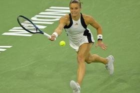 Maria Sakkari hitting a shot during her semi-final match against Coco Gauff in the BNP Paribas Open at Indian Wells.