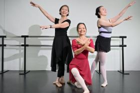 (From left) Retiree Su Yim Lai, 63, and semi-retiree Kat Lam, 62, who are Silver Swans classmates, with dance teacher Siew Lin Fong, 39, at The Ballet Academy.