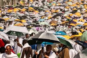 Muslims arriving at the base of Mount Arafat, also known as Jabal al-Rahma or Mount of Mercy, on June 15 during the annual hajj pilgrimage.
