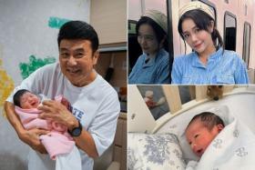 Ah Girls Go Army director Jack Neo (left) with his newborn granddaughter. Ah Girls Go Army lead actress Apple Chan (top right) has given birth to a son (bottom right). 