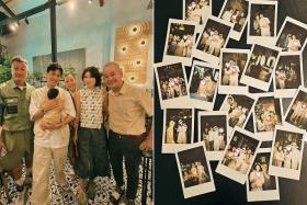 Singaporean actor Desmond Tan&#039;s baby girl&#039;s 100th-day party was attended by celebrity guests like (from left) Chen Hanwei, Zoe Tay, Pan Lingling and Richard Low.