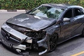 A damaged Mercedes car and debris scattered across a road were seen in photos of the Yio Chu Kang accident’s aftermath.