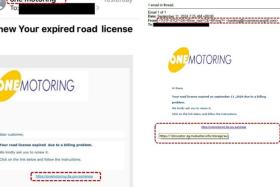 Victims received e-mails from a sender pretending to be OneMotoring by LTA, informing them that their vehicles’ road tax or road licence was expiring