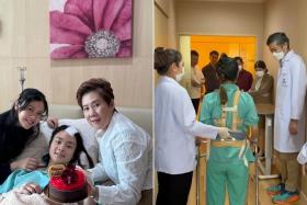 Ms Hong Mun Ying in the Bangkok hospital (left, centre) with her sister, Ms Hong Mun Wei (far left), and her mother, Ms Gan Bee Sin.