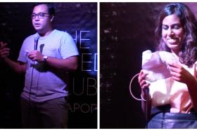 Two TNP reporters Azim Azman (left) and Jennifer Dhanaraj (right) tried stand-up comedy for the first time at a regular open mic night.