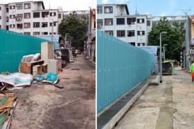 TRASH: (Left) The cleaned-up alley in Geylang Lorong 18. (Right) The same alley before workers removed the discarded furniture. 