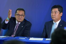 Mr Zainudin Nordin, president of Football Association of Singapore (FAS), and Mr Bernard Tan, vice-president of FAS, speaking to the media at the FAS&#039; annual general meeting (AGM) held at Jalan Besar Stadium on 24 September 2016.