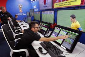 An interior view shows a video operation room (VOR), a facility of the Video Assistant Referee (VAR) system during a demonstration on June 8. The VAR is making its debut at the World Cup.