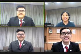 Joshua Lim Zheng Jie (top left), Jarryl Lim Yi Zhao (bottom left) and Muhammad Adil Juma&#039;at (bottom right) presenting their business plan during the finals of Singapore University of Social Sciences (SUSS) SBIZ Business Plan Competition. Their mentor Ms Karen Loh (top right) was present during the finals as well.