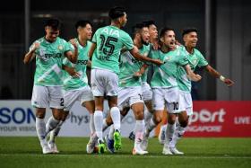 Geylang International celebrates after scoring a goal against the Lion City Sailors in the Singapore Premier League match held at Our Tampines Hub on March 4, 2022.
