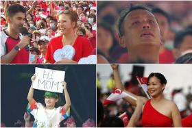 (Clockwise from top left) Host Rishi Budhrani and audience member Nicole Liel, emotional tears during the national anthem, MP Cheng Li Hui and an NDP motivator holding up a sign saying “hi mom”. 