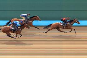 Rocketship (Vlad Duric) scoring a nice win from the late-closing All In (Simon Kok) in their barrier trial at Kranji on Tuesday.

