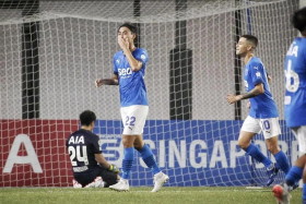 Lion City Sailors’ Gabriel Quak (centre) celebrating after scoring against Tampines Rovers in their match at Our Tampines Hub on May 21, 2022. 
