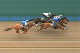 Surpass Natural (Jerlyn Seow) narrowly holds off Rocket Star (Krisna Thangamani) and Vittoria Perfetta (Ibrahim Mamat) at the Kranji barrier trials on Tuesday. 