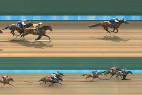 Gold Reward (Rozlan Nazam, top) and Fame Star (Jerlyn Seow) beating their rivals in Tuesday&#039;s barrier trials. 
