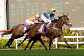 Lim’s Kosciuszko (Wong Chin Chuen) asserting his superiority over King Arthur (Blake Shinn) in the Group 1 Lion City Cup over 1,200m on Aug 14, 2022. The two highest-rated horses head a field of 12 for Saturday&#039;s Group 3 Merlion Trophy.
