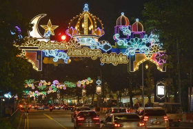 Festive lights put up as part of the annual Hari Raya Light Up 2023 Geylang Serai on March 17. 2023. Muslims will begin fasting on Thursday. ST PHOTO: DESMOND WEE
