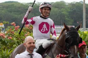 Tim Fitzsimmons and jockey Shafrizal Saleh celebrating Jewel Sixty-One&#039;s last-start win in a Class 4 race (1,400m) on April 1.