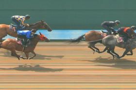 Cash Cove (Vlad Duric) beating Silo (Bernardo Pinheiro) in the third barrier trial at Kranji on Tuesday morning.