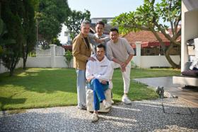 Actor Terence Cao (seated) has roped in his former colleagues (from left) Peter Yu, Collin Chee, and Jae Oh to be regular hosts on his e-commerce live-stream platform Sibay Shiok.