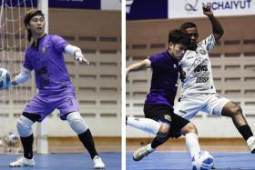 Goalkeeper Kenneth Kwang (left) and Muhammad Arif Jamaludin (right, in white) in action.