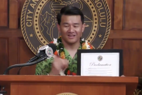 Comedian Ronny Chieng with the proclamation in Oahu.