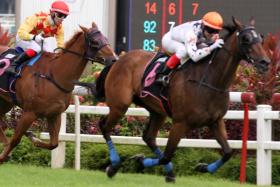 Forest Gold (Charles Perkins), on the rails, finishing third to Split Second (No. 6, Manoel Nunes) in a Class 5 2,000m event on April 27. Combustion (obscured, Bernardo Pinheiro) was second.

