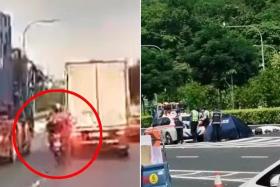 A motorcyclist lost his life after being struck by a lorry and run over by a container truck on a busy expressway.