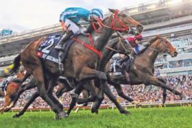 The Danny Shum-trained Romantic Warrior (James McDonald) winning the Group 1 Longines Hong Kong Cup (2,000m) in 2023. He will be going for his third consecutive victory in Sha Tin&#039;s iconic race on Dec 8.
