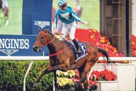 Romantic Warrior (James McDonald) taking his third Group 1 Longines Hong Kong Cup at Sha Tin on Dec 8.
