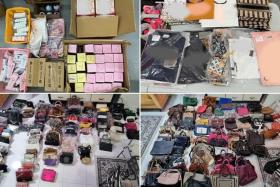 Counterfeit goods that were seized by the police in raids between July 31 and Aug 2 (top left and right), and in a separate raid on Aug 7 (bottom left and right).