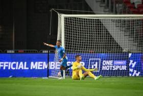 Shawal Anuar (in blue) celebrating after giving the Lion City Sailors an early lead against Tottenham Hotspur on Wednesday.