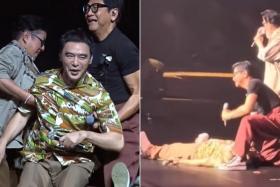 Kenny Bee was singing and dancing when he slipped and fell onstage, possibly due to the ground being made slippery by the dry ice.