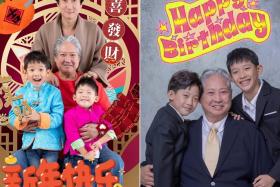 Sammo Hung with his eldest son, actor Timmy Hung (back row), and two grandsons.